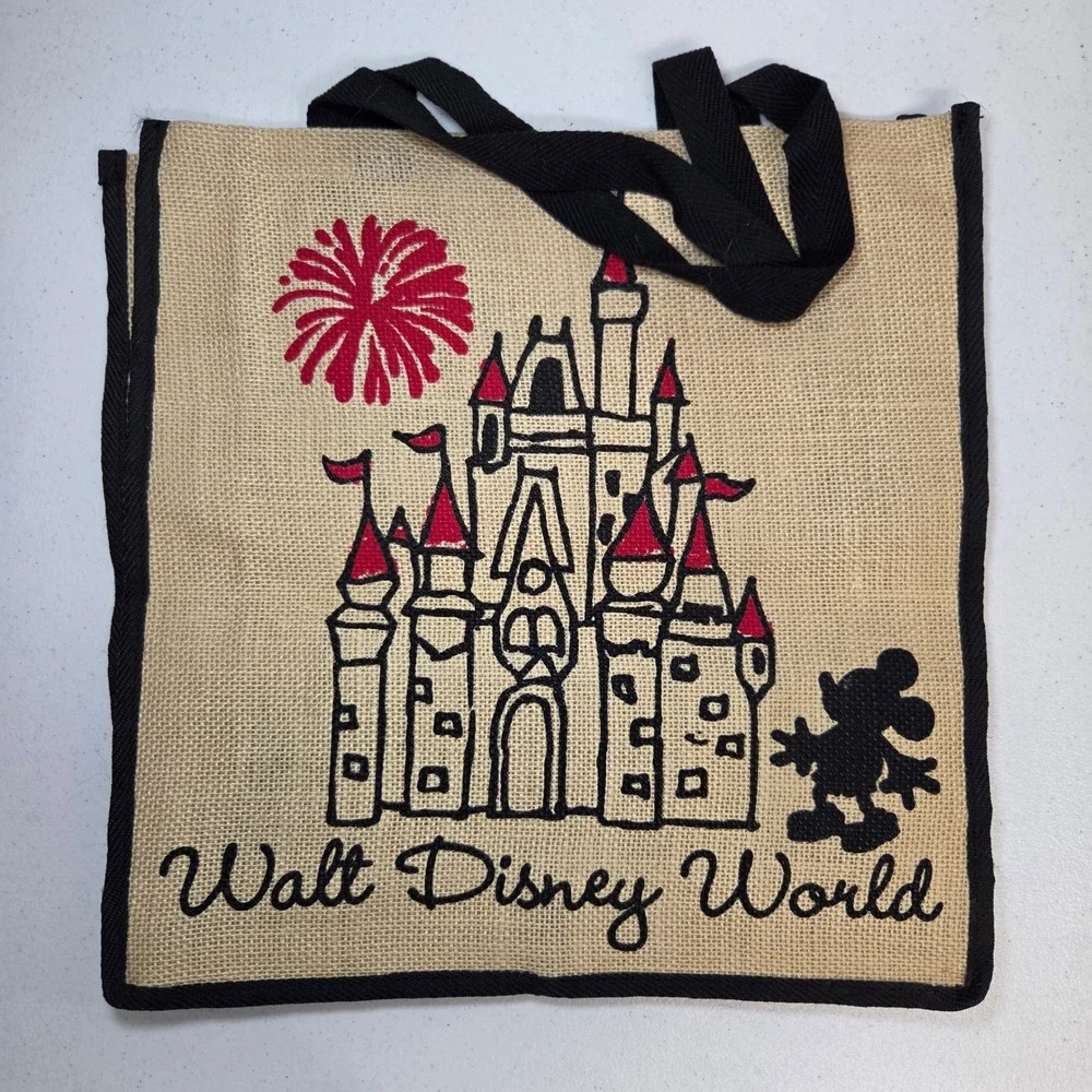 Walt Disney World Mickey Mouse Cinderella Castle Woven‎ Jute Tote Bag Tan